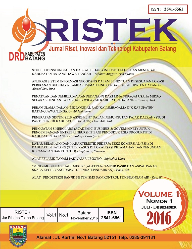 					Lihat Vol 1 No 1 (2016): RISTEK :Jurnal Riset, Inovasi dan Teknologi Kabupaten Batang
				