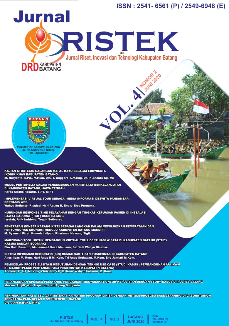 					Lihat Vol 4 No 2 (2020): RISTEK :Jurnal Riset, Inovasi dan Teknologi Kabupaten Batang
				
